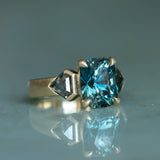 4.86ct Teal Elongated Cushion Sapphire and Salt and Pepper Diamond Three Stone Ring in 14k Yellow