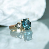 4.86ct Teal Elongated Cushion Sapphire and Salt and Pepper Diamond Three Stone Ring in 14k Yellow