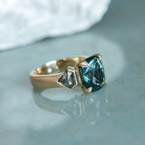 4.86ct Teal Elongated Cushion Sapphire and Salt and Pepper Diamond Three Stone Ring in 14k Yellow