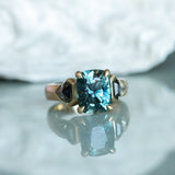 4.86ct Teal Elongated Cushion Sapphire and Salt and Pepper Diamond Three Stone Ring in 14k Yellow