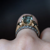 4.86ct Teal Elongated Cushion Sapphire and Salt and Pepper Diamond Three Stone Ring in 14k Yellow