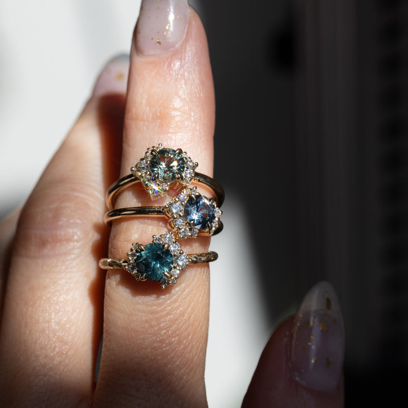 1.01ct Round Green Montana Sapphire and Diamond Asymmetrical Cluster Ring in 14k Yellow Gold