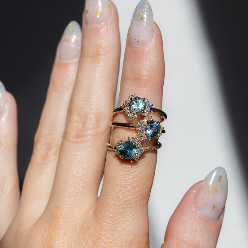 1.01ct Round Green Montana Sapphire and Diamond Asymmetrical Cluster Ring in 14k Yellow Gold