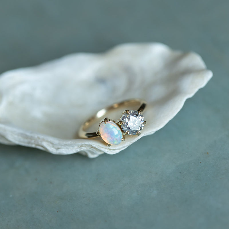 Toi Et Moi 1.16ct Salt and Pepper Diamond and Opal Ring in 14k Yellow gold