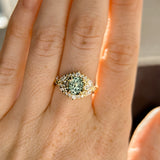 1.49ct Elongated Cushion Cut Montana Sapphire and Diamond Floral Halo in 18k Yellow Gold