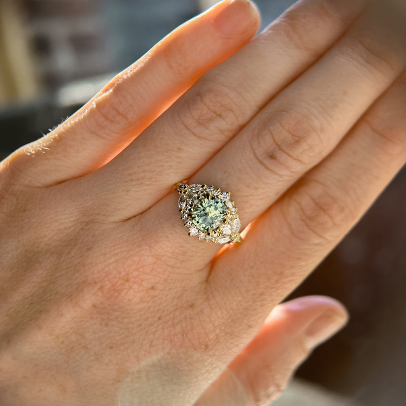 1.49ct Elongated Cushion Cut Montana Sapphire and Diamond Floral Halo in 18k Yellow Gold