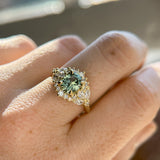 1.49ct Elongated Cushion Cut Montana Sapphire and Diamond Floral Halo in 18k Yellow Gold