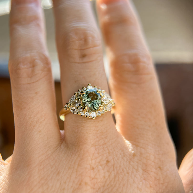 1.49ct Elongated Cushion Cut Montana Sapphire and Diamond Floral Halo in 18k Yellow Gold