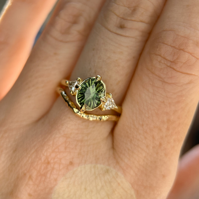 1.70ct Green Kenyan Fantasy Cut Sapphire and Diamond Antique Milgrain Three Stone Low Profile Ring in 18k Yellow Gold