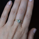 1.32ct Untreated Round Blue-Green Montana Sapphire Four Prong Low Profile Milgrain and Diamond Ring in 14k Yellow Gold