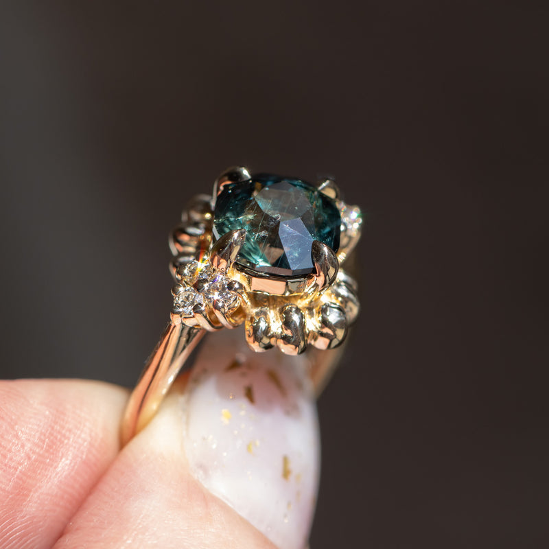 3.10ct Cushion Cut Untreated Umba Teal Green Sapphire Scalloped Diamond Cluster Ring in 14k Yellow Gold