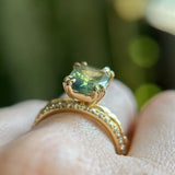 3.01ct Madagascar Parti Radiant Cut Sapphire Double Prong Evergreen Carved Stackable Solitaire in 14k Yellow Gold