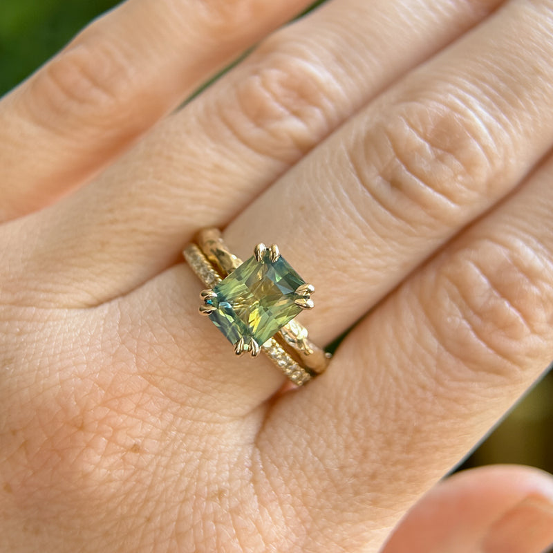 3.01ct Madagascar Parti Radiant Cut Sapphire Double Prong Evergreen Carved Stackable Solitaire in 14k Yellow Gold