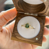 1.70ct Green Kenyan Fantasy Cut Sapphire and Diamond Antique Milgrain Three Stone Low Profile Ring in 18k Yellow Gold