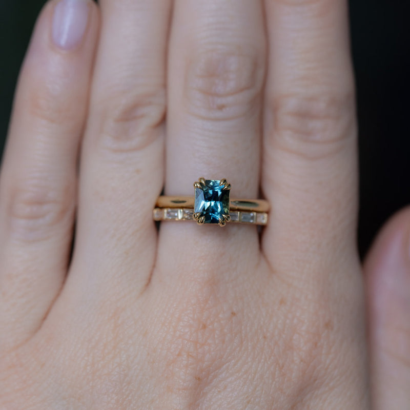 1.68ct Radiant Cut Teal Sapphire Cathedral Double Prong Solitaire in 18k Yellow Gold