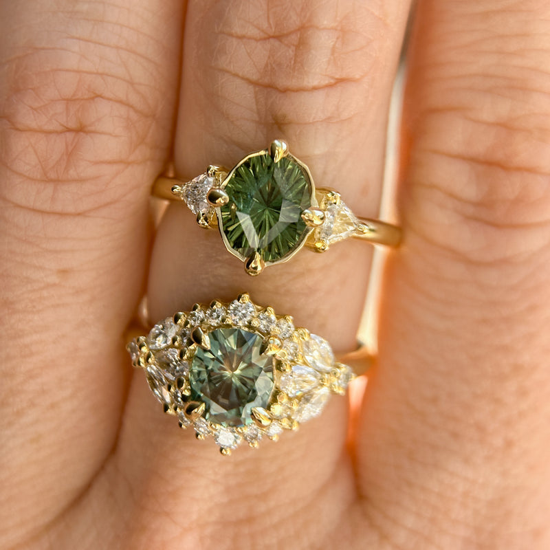 1.70ct Green Kenyan Fantasy Cut Sapphire and Diamond Antique Milgrain Three Stone Low Profile Ring in 18k Yellow Gold