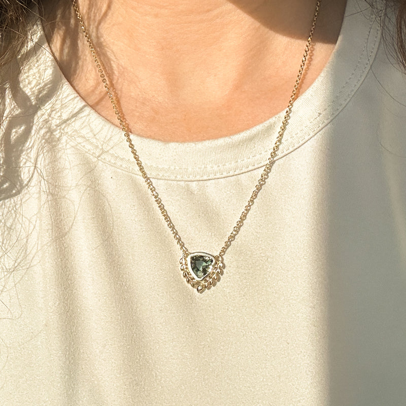 1.87ct ANZA Green Trillion Untreated Tanzanian Sapphire Vine Frame Necklace in 14k Yellow Gold