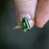 2.0ct Emerald Cut Green Tourmaline and Diamond Vintage Cathedral Double Prong Ring in 14k Yellow Gold