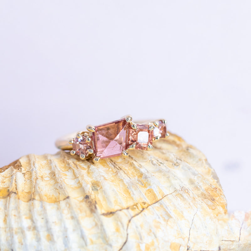 Pink Spinel, Garnet and Tourmaline Mosaic Ring in 14k Yellow Gold