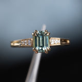 1.33ct Emerald Cut Light Aqua Blue Green Sapphire and Diamond Vintage Cathedral Double Prong Ring in 14k Yellow Gold