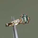 1.33ct Emerald Cut Light Aqua Blue Green Sapphire and Diamond Vintage Cathedral Double Prong Ring in 14k Yellow Gold