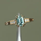 1.33ct Emerald Cut Light Aqua Blue Green Sapphire and Diamond Vintage Cathedral Double Prong Ring in 14k Yellow Gold