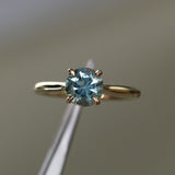 1.66ct Round Untreated Montana Sapphire Four Prong Cathedral Solitaire in 18k Yellow Gold