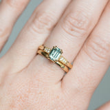 1.33ct Emerald Cut Light Aqua Blue Green Sapphire and Diamond Vintage Cathedral Double Prong Ring in 14k Yellow Gold