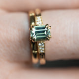 1.33ct Emerald Cut Light Aqua Blue Green Sapphire and Diamond Vintage Cathedral Double Prong Ring in 14k Yellow Gold