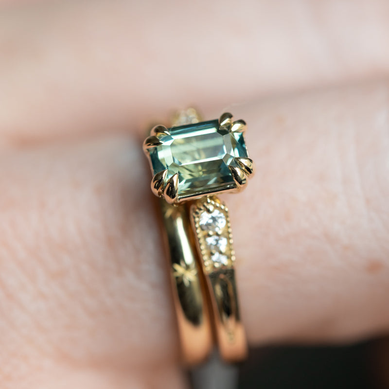 1.33ct Emerald Cut Light Aqua Blue Green Sapphire and Diamond Vintage Cathedral Double Prong Ring in 14k Yellow Gold