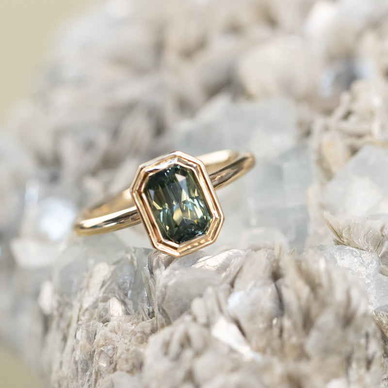 2.05ct Radiant Cut Green Sapphire Low Profile Bezel Hidden Diamond Halo Solitaire Ring in 14k Yellow Gold