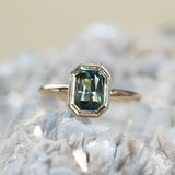 2.05ct Radiant Cut Green Sapphire Low Profile Bezel Hidden Diamond Halo Solitaire Ring in 14k Yellow Gold