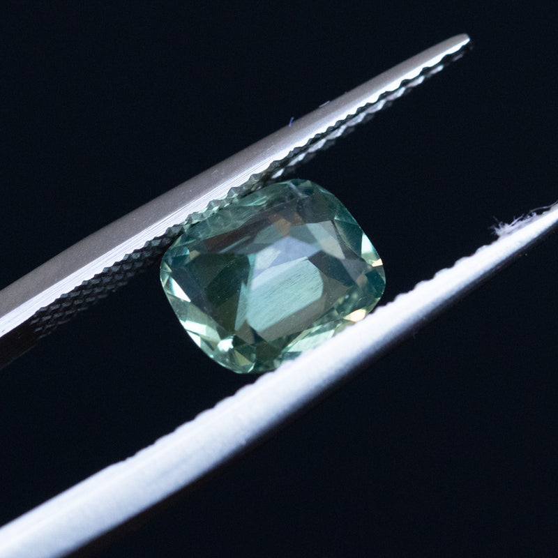 1.60CT CUSHION MADAGASCAR SAPPHIRE, LIGHT SAGE GREEN WITH YELLOW AND BLUE, 7.29X6.39X3.84MM
