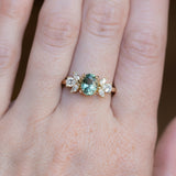 1.73ct Untreated Oval Seafoam Teal Sapphire and Lab Grown Marquise Diamond Cluster Ring in 14k Yellow Gold