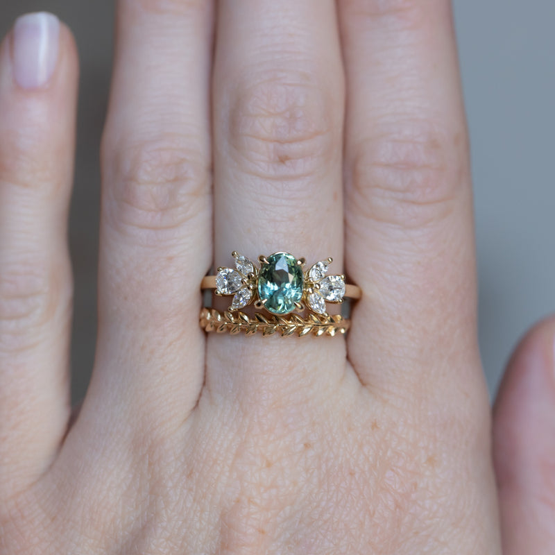 1.73ct Untreated Oval Seafoam Teal Sapphire and Lab Grown Marquise Diamond Cluster Ring in 14k Yellow Gold