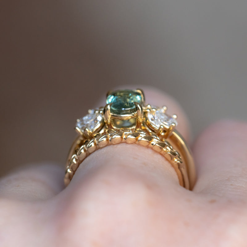 1.73ct Untreated Oval Seafoam Teal Sapphire and Lab Grown Marquise Diamond Cluster Ring in 14k Yellow Gold