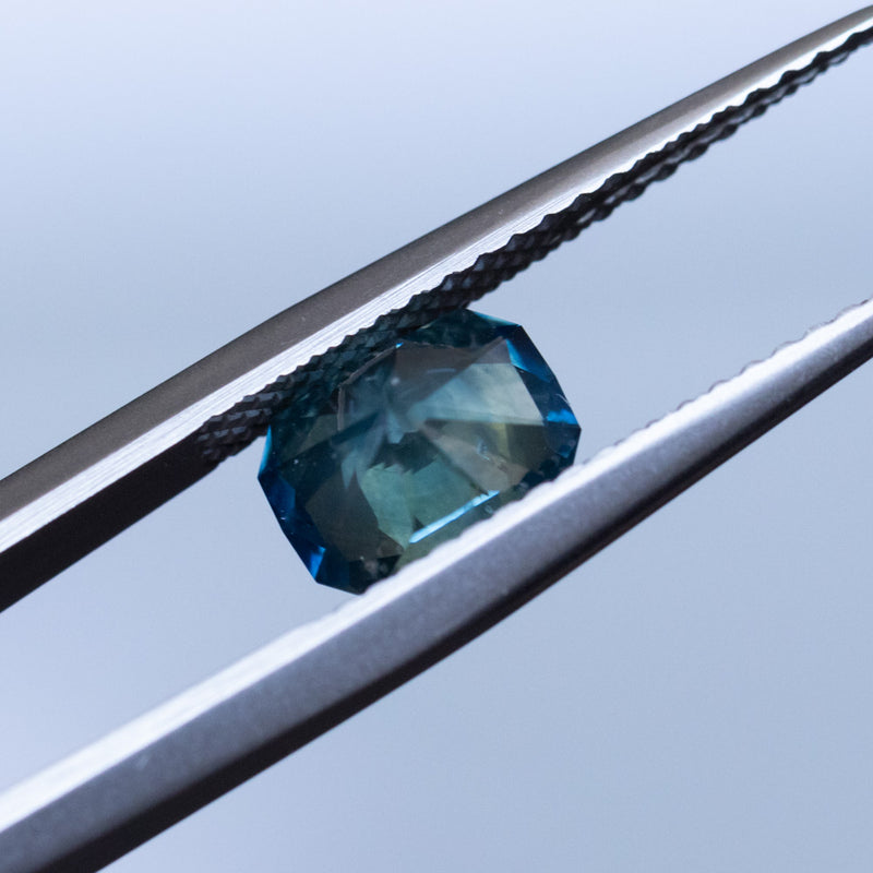 1.34CT RADIANT PRECISION CUT MONTANA SAPPHIRE, DARK TEAL, 6.76X5.18X4.28MM