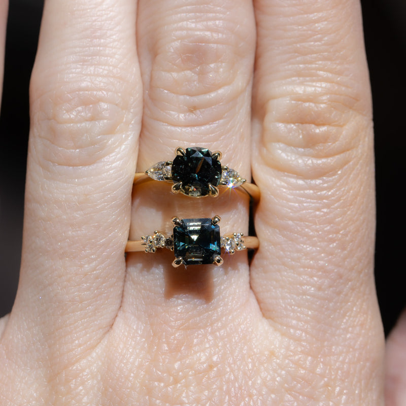 1.65ct Round Untreated Precision Cut Montana Sapphire and Natural Pear Diamond Three Stone Low Profile Ring in 18k Yellow Gold