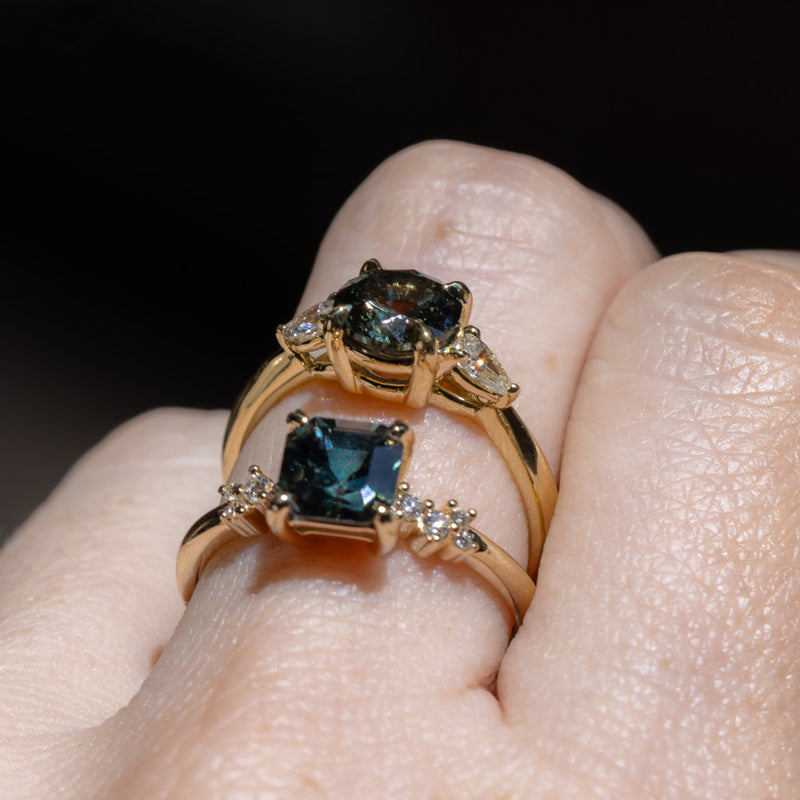 1.60ct Asscher Blue Green Madagascar Sapphire and Diamond Starry Night Low Profile Solitaire in 14k Yellow Gold