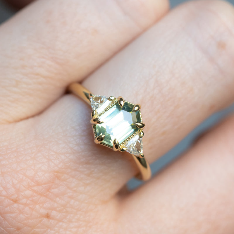 1.75ct Untreated Elongated Hexagon and Trillion Diamond Low Profile Ring in 18k Yellow Gold