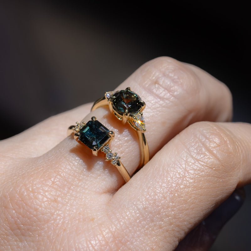 1.60ct Asscher Blue Green Madagascar Sapphire and Diamond Starry Night Low Profile Solitaire in 14k Yellow Gold