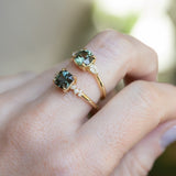 1.65ct Round Untreated Precision Cut Montana Sapphire and Natural Pear Diamond Three Stone Low Profile Ring in 18k Yellow Gold