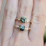 1.65ct Round Untreated Precision Cut Montana Sapphire and Natural Pear Diamond Three Stone Low Profile Ring in 18k Yellow Gold