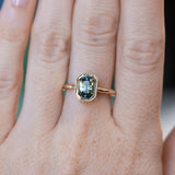 2.05ct Radiant Cut Green Sapphire Low Profile Bezel Hidden Diamond Halo Solitaire Ring in 14k Yellow Gold