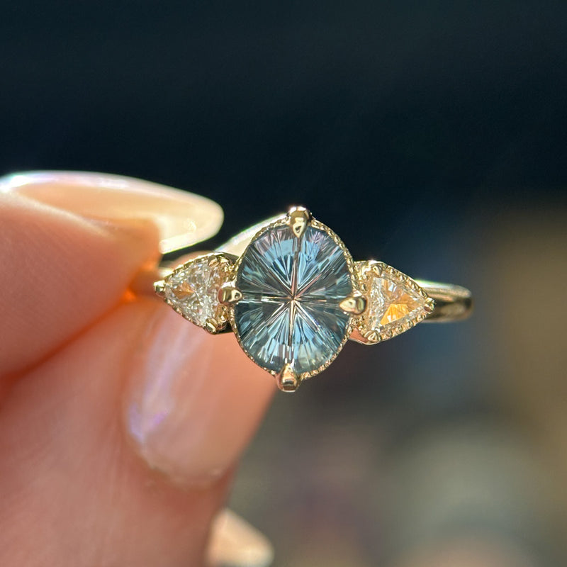 2.07ct Untreated Fantasy Cut Montana Sapphire and Diamond  Antique Milgrain Three Stone Low Profile Ring in 14k Yellow Gold