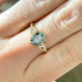 2.07ct Untreated Fantasy Cut Montana Sapphire and Diamond  Antique Milgrain Three Stone Low Profile Ring in 14k Yellow Gold