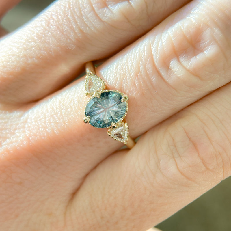 2.07ct Untreated Fantasy Cut Montana Sapphire and Diamond  Antique Milgrain Three Stone Low Profile Ring in 14k Yellow Gold