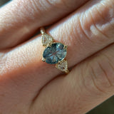 2.07ct Untreated Fantasy Cut Montana Sapphire and Diamond  Antique Milgrain Three Stone Low Profile Ring in 14k Yellow Gold
