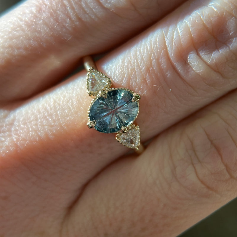 2.07ct Untreated Fantasy Cut Montana Sapphire and Diamond  Antique Milgrain Three Stone Low Profile Ring in 14k Yellow Gold