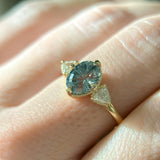 2.07ct Untreated Fantasy Cut Montana Sapphire and Diamond  Antique Milgrain Three Stone Low Profile Ring in 14k Yellow Gold